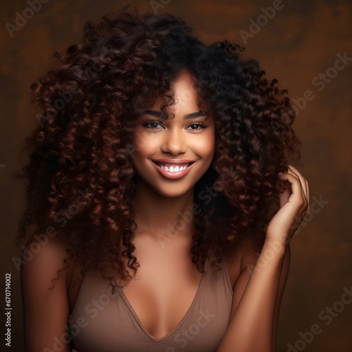 African beautiful woman portrait. Brunette curly haired young model with dark skin and perfect smile, photo