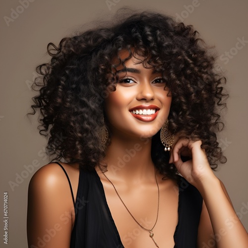 African beautiful woman portrait. Brunette curly haired young model with dark skin and perfect smile, photo