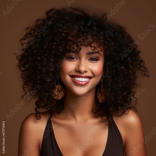 African beautiful woman portrait. Brunette curly haired young model with dark skin and perfect smile, photo