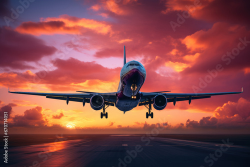 Commercial airplane taking off into colorful sky at sunset or sunrise