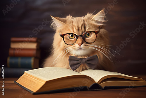 Intelligent fluffy cat in glasses reading book