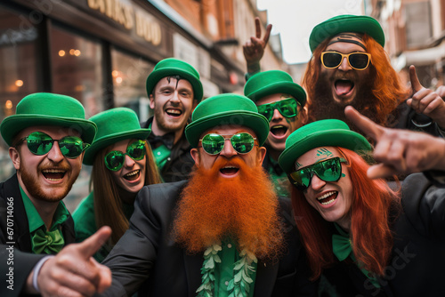 Happy people in St Patrick's Day outfits with beer taking selfie outdoors