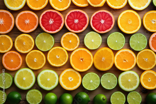 Delicious ripe citrus fruits on a wooden background