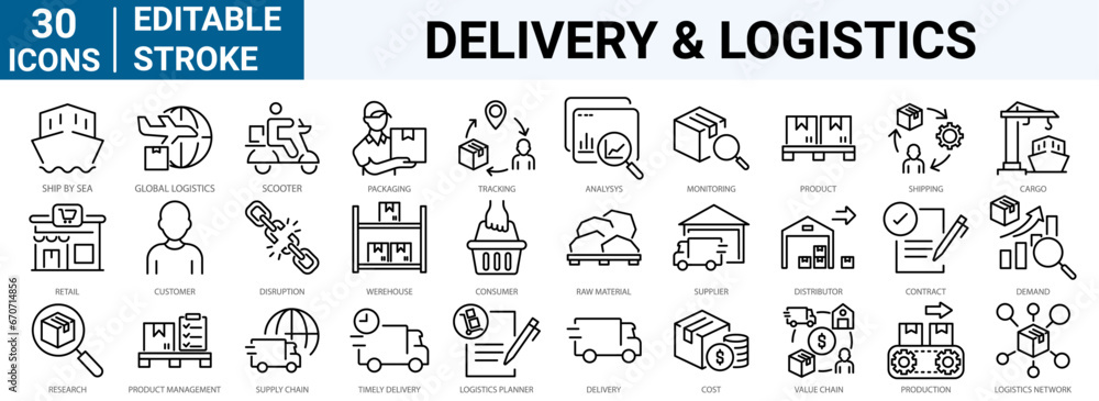 set of 30 line web icons related delivery and logistics. Supply chain, value chain, manufacturing, commerce . Editable stroke.