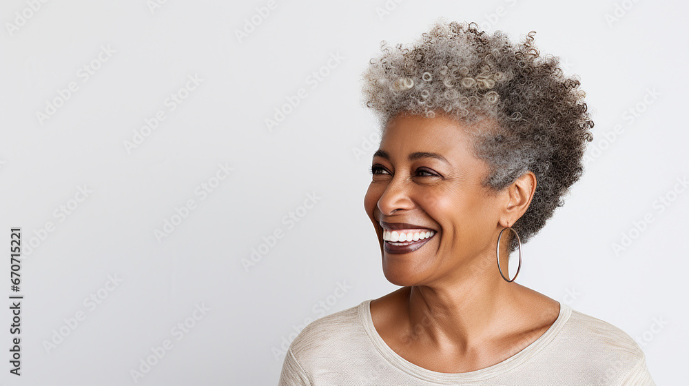 Beautiful black woman with smooth healthy facial skin. Beautiful aged mature woman with short gray hair and happy smile. Beauty and skin care cosmetics advertising concept. - obrazy, fototapety, plakaty 