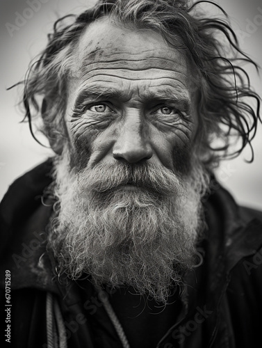 black and white shot of an old sailor with a weather-beaten face, focused on steering his vintage sailing boat, deep wrinkles and textures emphasized