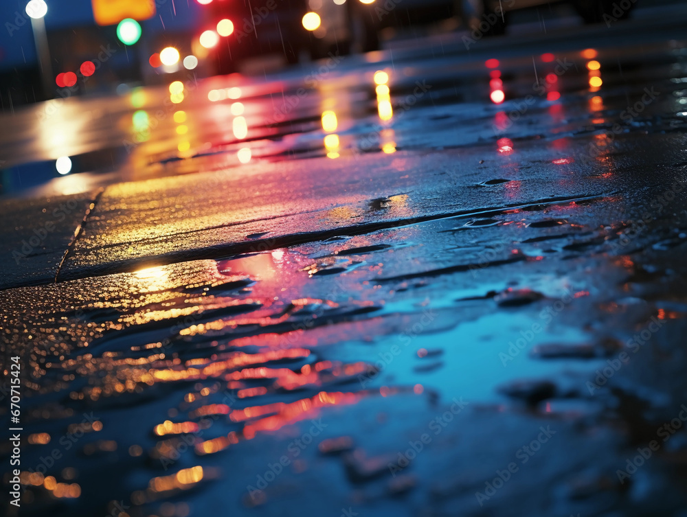 wet asphalt, rainfall on a two-lane highway, neon reflections of surrounding billboards. Puddles with ripples