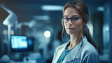 Trustworthy female doctor in glasses and stethoscope with arms crossed in hospital room.