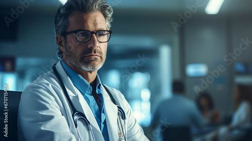 Trustworthy senior male doctor in glasses and stethoscope with arms crossed in hospital room.