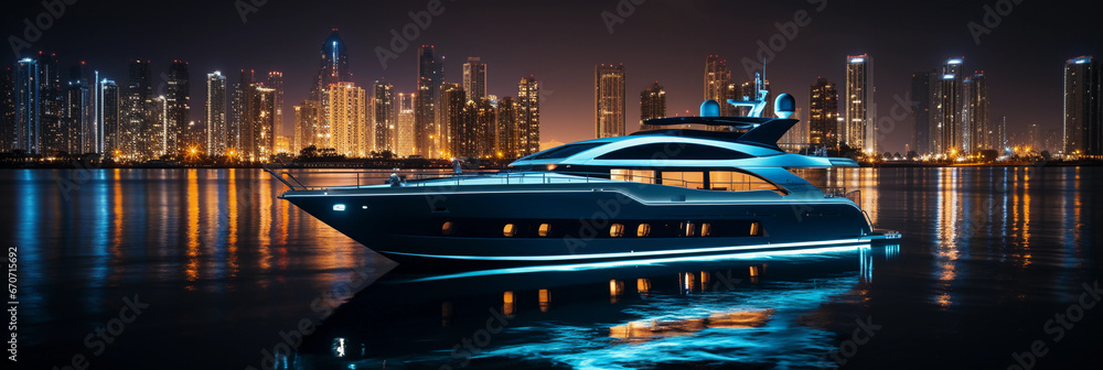 Luxury yacht illuminated, docked in a marina with city skyline in the background, bokeh effects, reflections shimmering in the water
