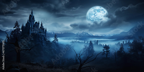Gothic landscape shot of vampire castle, silhouette against a full moon, misty, wolves in the foreground, surreal but photorealistic, dramatic sky