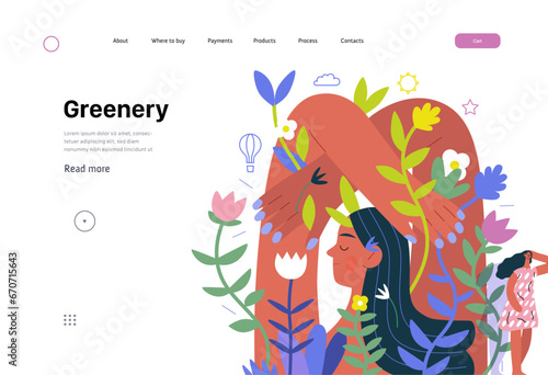 Greenery, ecology -modern flat vector concept illustration of a mural of a woman, surrounded by plants. Metaphor of environmental sustainability and protection, closeness to nature