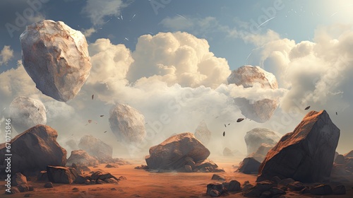  a group of rocks sitting on top of a dirt field next to a sky filled with lots of white clouds.  generative ai