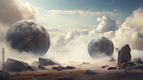  a group of rocks sitting on top of a desert under a blue sky with a few clouds in the sky.  generative ai