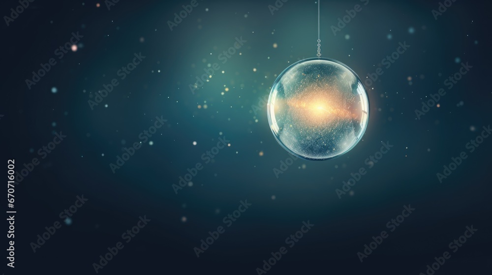 Obraz premium a glass ornament hanging from a string in front of a blue background with a light shining through it. generative ai