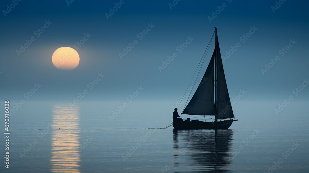 Silhouette of a lone sailor adjusting the sail against the backdrop of a full moon rising, ethereal mist surrounding the boat, blue and silver tones