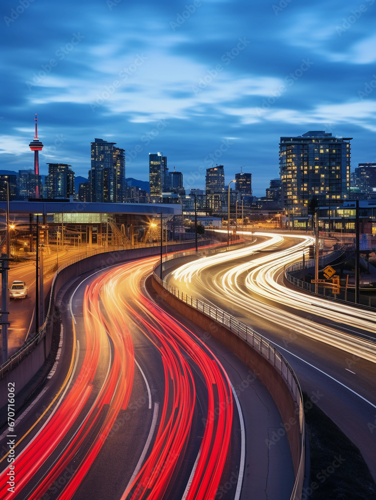 Obraz premium The bustle of a six-lane city highway from a pedestrian overpass, motion blur on the cars, cityscape backdrop, billboard advertisements