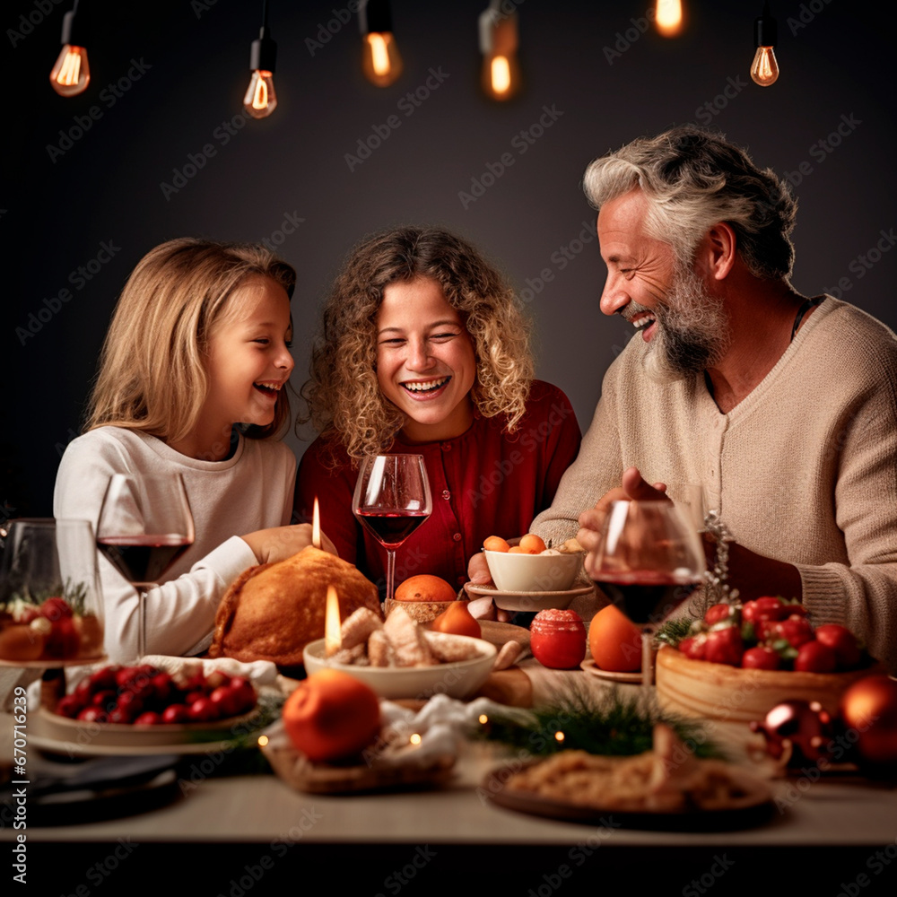 Family Christmas celebration, with food and snacks. Happy family dining at home for New Year's Eve