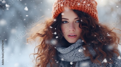 Young Woman in winter. Beautiful Girl in winter clothes in wintertime outdoor