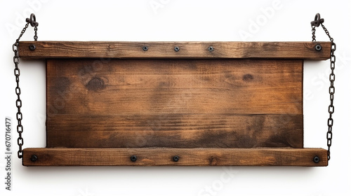 placa de madeira pendurada em correntes isoladas de fundo branco photo