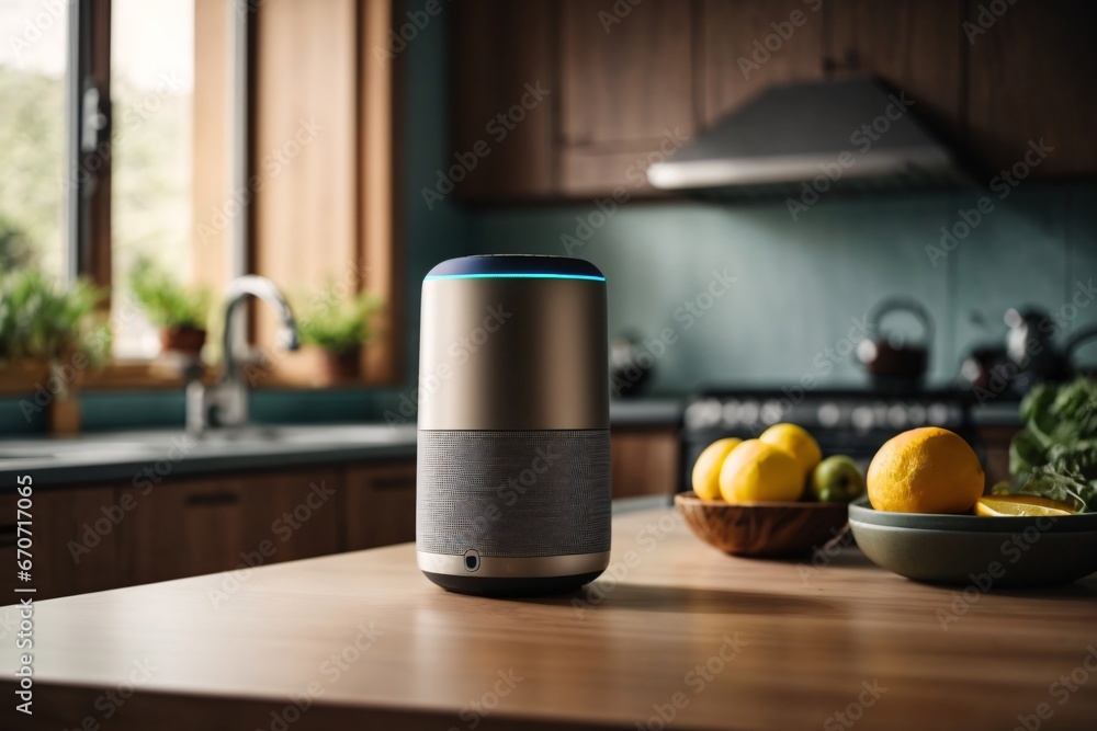 Smart speaker assistant on a kitchen table. Concept of AI technology in everyday life and the future of home automation. Generative Ai. Smart speaker assistant on a kitchen table. Concept of AI technology in everyday life and the future of home automation. Generative Ai.