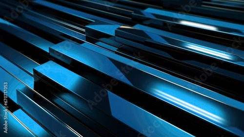 Dark blue long cuboids in metallic shining effect, laying  oblique in different layers pattern with 3d background