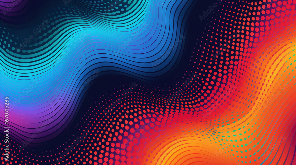 Abstract colored wave, curve dotted, dot circles pattern, blue, red, orange on black background texture Abstract colored wave, curve dotted, dot circles pattern, blue, red, orange on black background texture