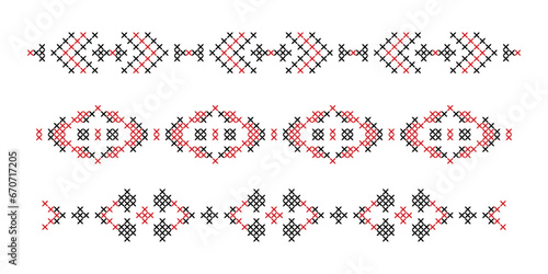 Traditional national Ukrainian red and black embroidery border line set. Ukrainian embroidery geometric ornament with stitches and crosses, pattern lines. Embroidered border, frame decorative element.