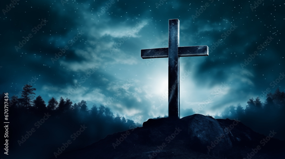 The cross with a backdrop of the Milky Way galaxy, Holy cross background, blurred background, with copy space The cross with a backdrop of the Milky Way galaxy, Holy cross background, blurred background, with copy space