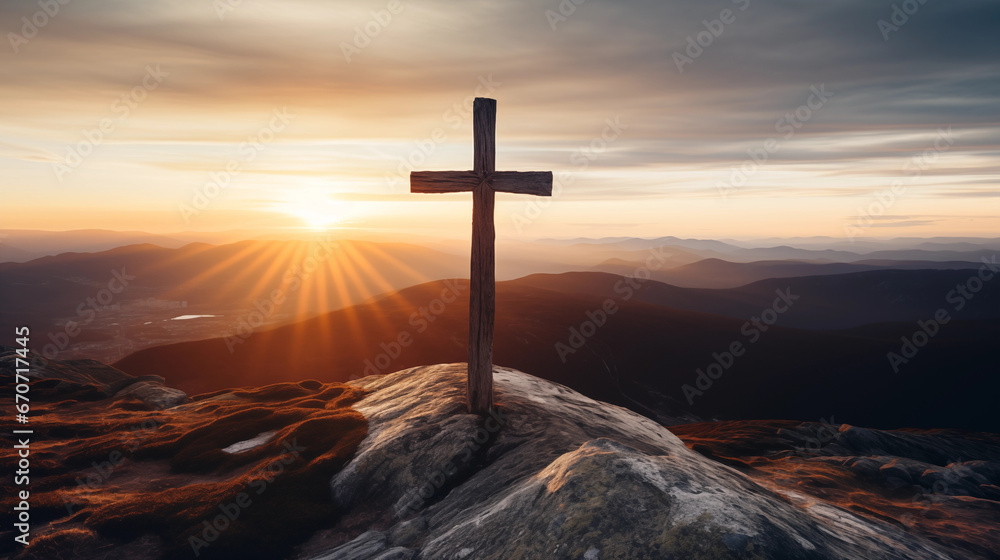 A cross standing tall on a mountain peak at sunset, Holy cross background, blurred background, with copy space