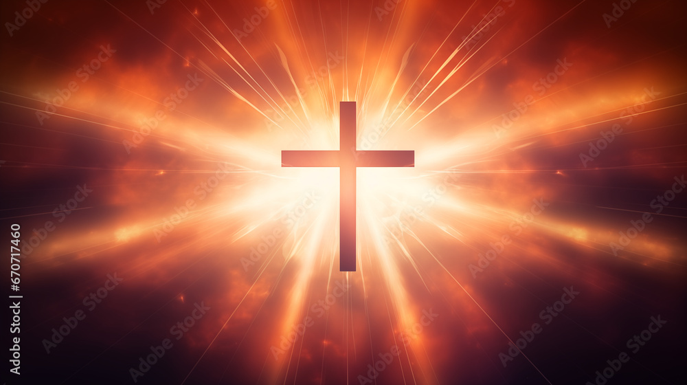 Glowing cross with ethereal rays emanating, Holy cross background, blurred background, with copy space