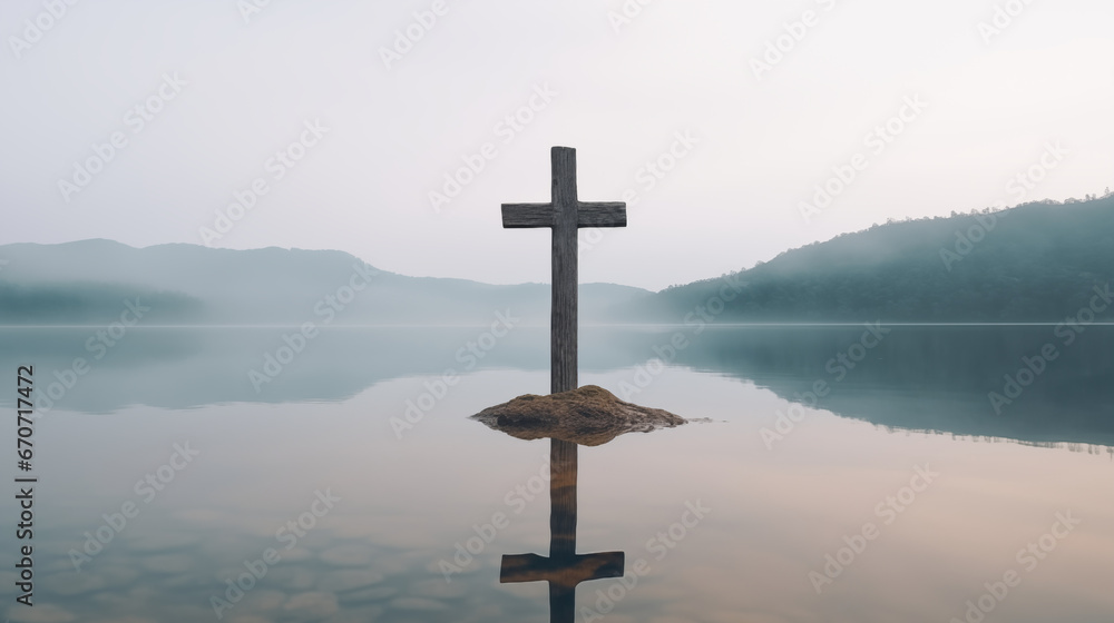 The cross reflected on still waters of a calm lake, Holy cross background, blurred background, with copy space