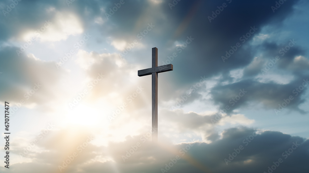 Cross formed by sunlight breaking through clouds, Holy cross background, blurred background, with copy space
