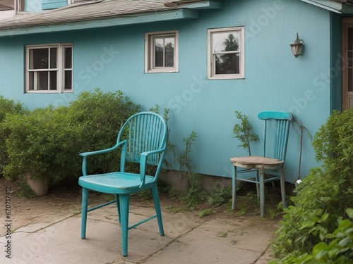 Two chairs in front of a house contemporary photo. Generative Ai