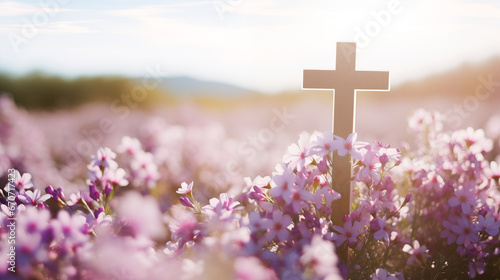 A cross amidst a serene field of blooming flowers, Holy cross background, blurred background, with copy space