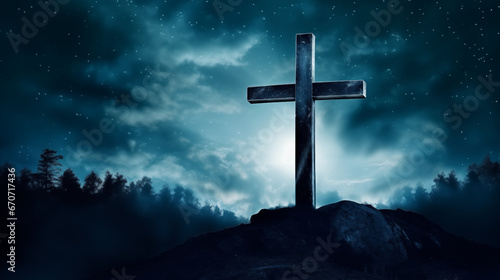 The cross with a backdrop of the Milky Way galaxy, Holy cross background, blurred background, with copy space