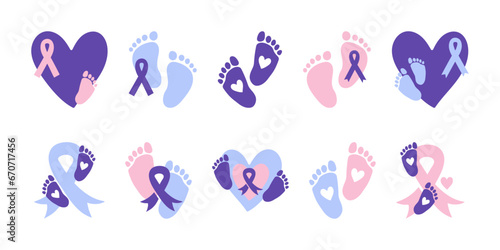 World Prematurity Day set. Purple awareness ribbon. Prematurity Month sign symbol. Premature babies vector illustration. Baby feet, awareness ribbon and heart elements. Baby footprints.