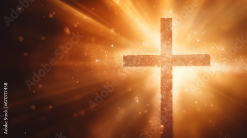 Glowing cross with ethereal rays emanating, Holy cross background, blurred background, with copy space