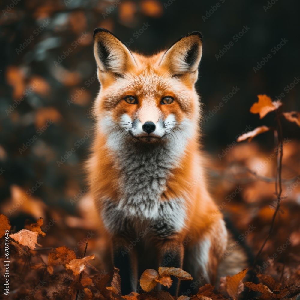 Fototapeta premium Portrait of a young fox with very pretty orange and white fur sitting in the autumn forest