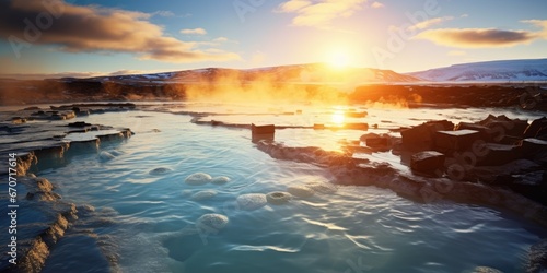 Beautiful landscape and sunset near hot spa in Iceland