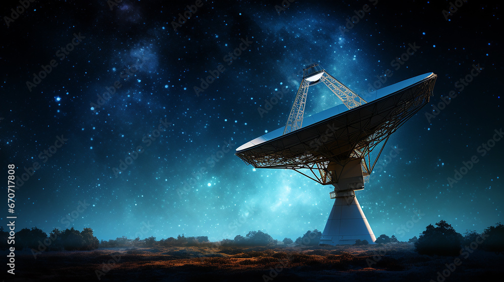 Observatório espacial com silhuetas de antena parabólica contra o céu noturno, estrelas - obrazy, fototapety, plakaty 