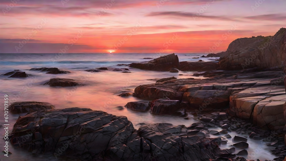 The afterglow of a sunset illuminating a rocky coastline. Generative AI