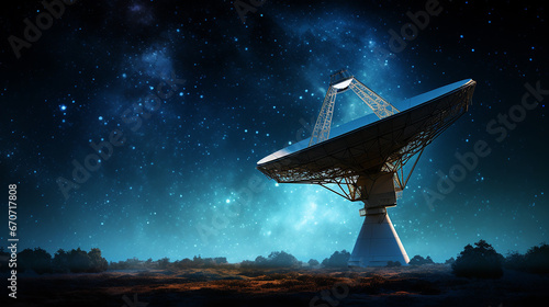 Observatório espacial com silhuetas de antena parabólica contra o céu noturno, estrelas photo
