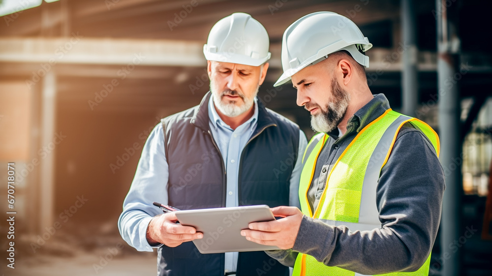 Construction worker engineer architect team at work with tablet pc on major construction site. Two young man architect on a building construction site.
Construction worker engineer architect team at work with tablet pc on major construction site. Two young man architect on a building construction site.
