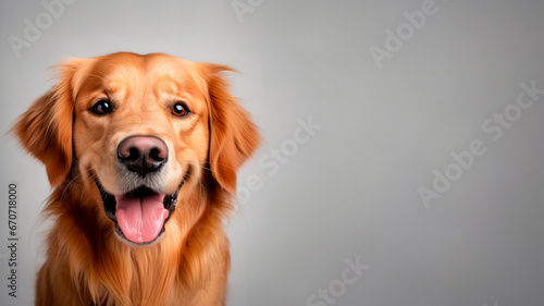 A cute Golden Retriever showcases its endearing face against a neutral grey background  offering ample copy space