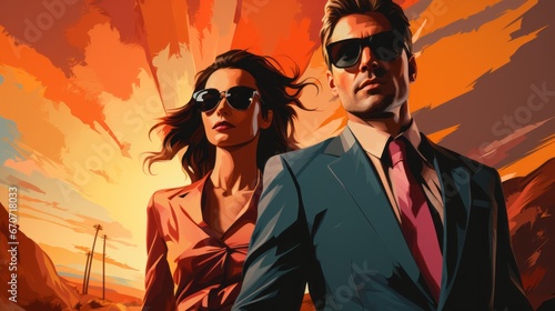 an illustration of an american couple in suits with sunglasses