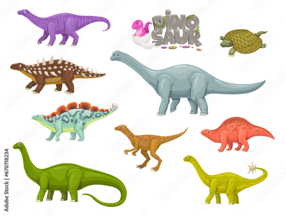 Cartoon dinosaur characters. Jurassic era extinct animal, paleontology comic vector reptile. Eoraptor, Henodus, Lotosaurus and Melanorosaurus, Shunosaurus, Haplocanthosaurus funny dinosaur personages