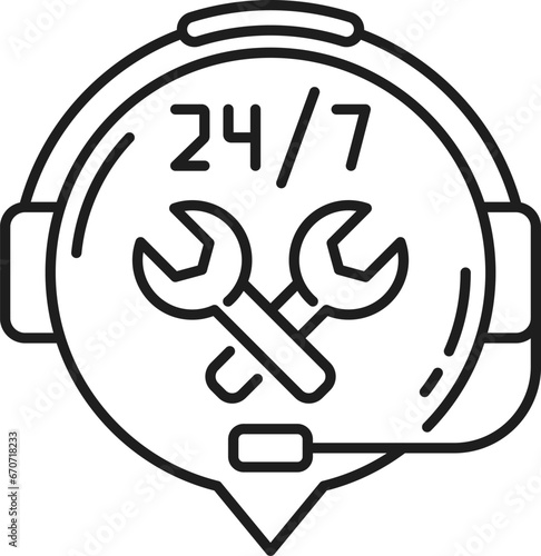 Support, CMS content management system icon for customer service help or call center, line vector. CMS support pictogram or icon of phone headset and wrench for 24 for 7 operator chat for user support