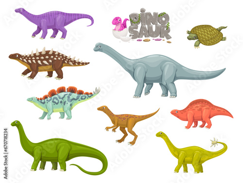 Cartoon dinosaur characters. Jurassic era extinct animal  paleontology comic vector reptile. Eoraptor  Henodus  Lotosaurus and Melanorosaurus  Shunosaurus  Haplocanthosaurus funny dinosaur personages