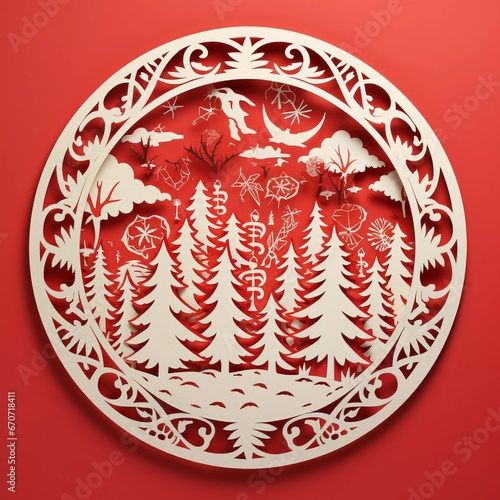 Christmas tree. Paper cut on red background with shadow, AI generator